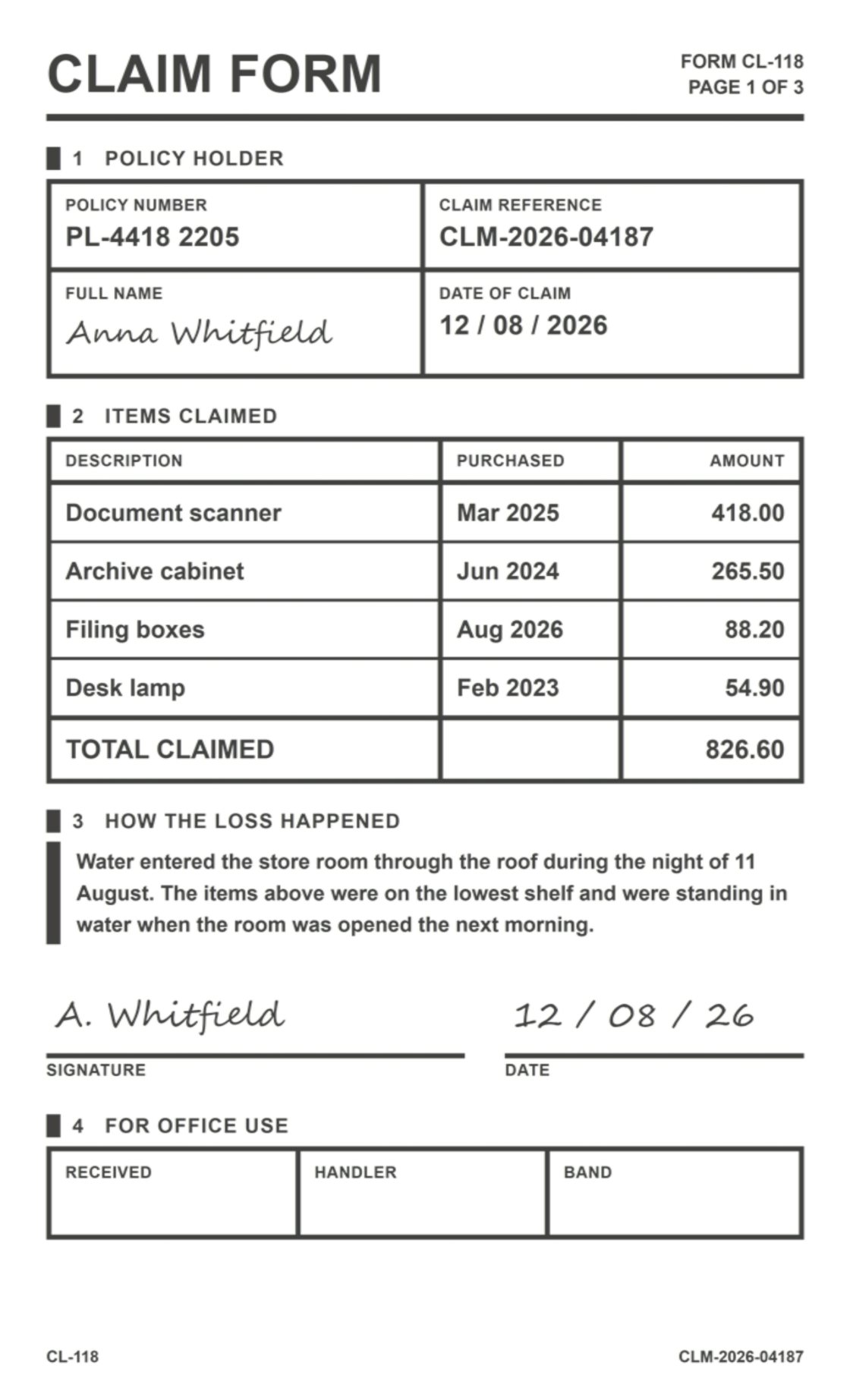 Page 1 of the claim form, turned the right way up in the editor